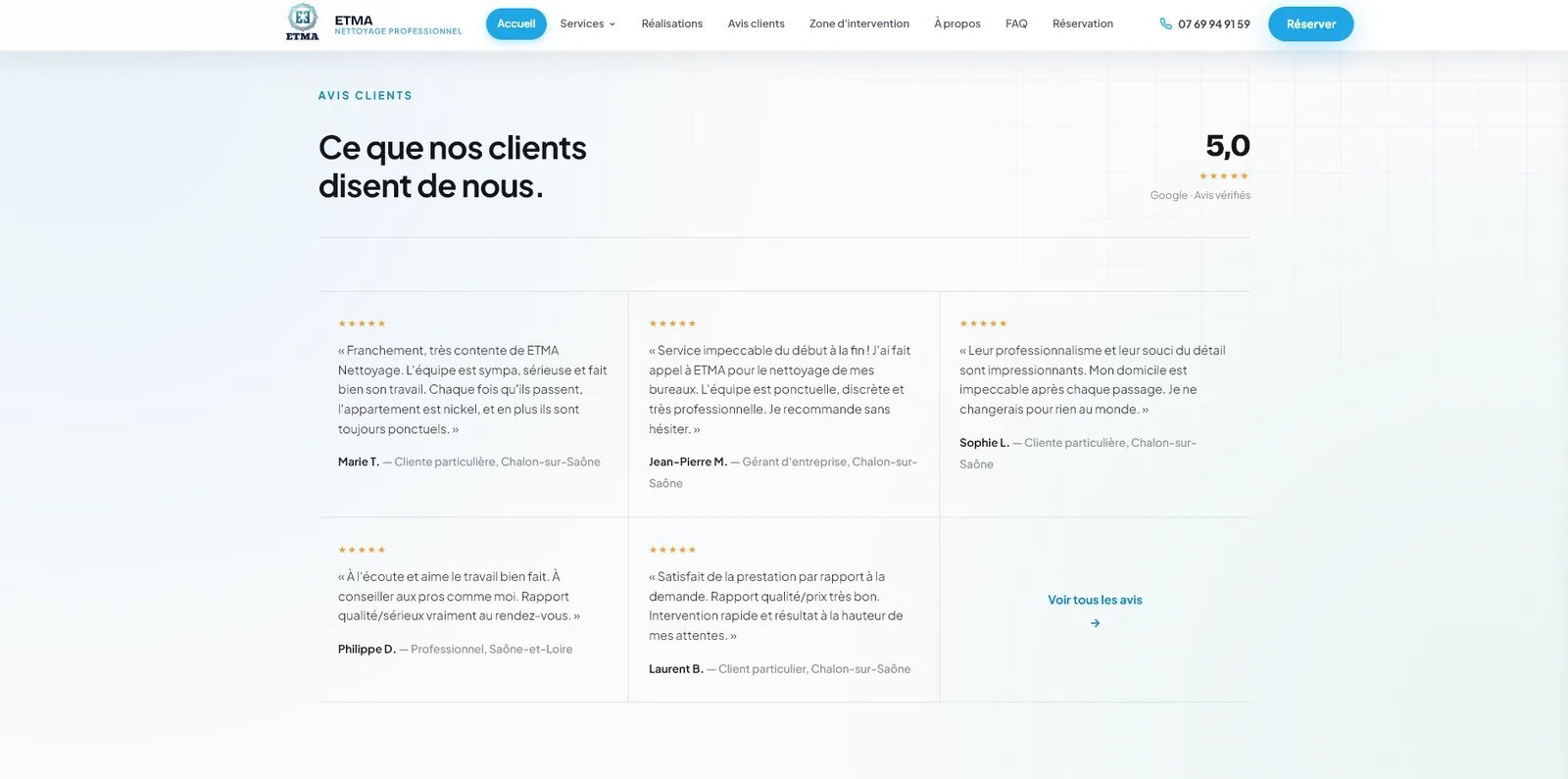 Section avis clients vérifiés Google du site ETMA