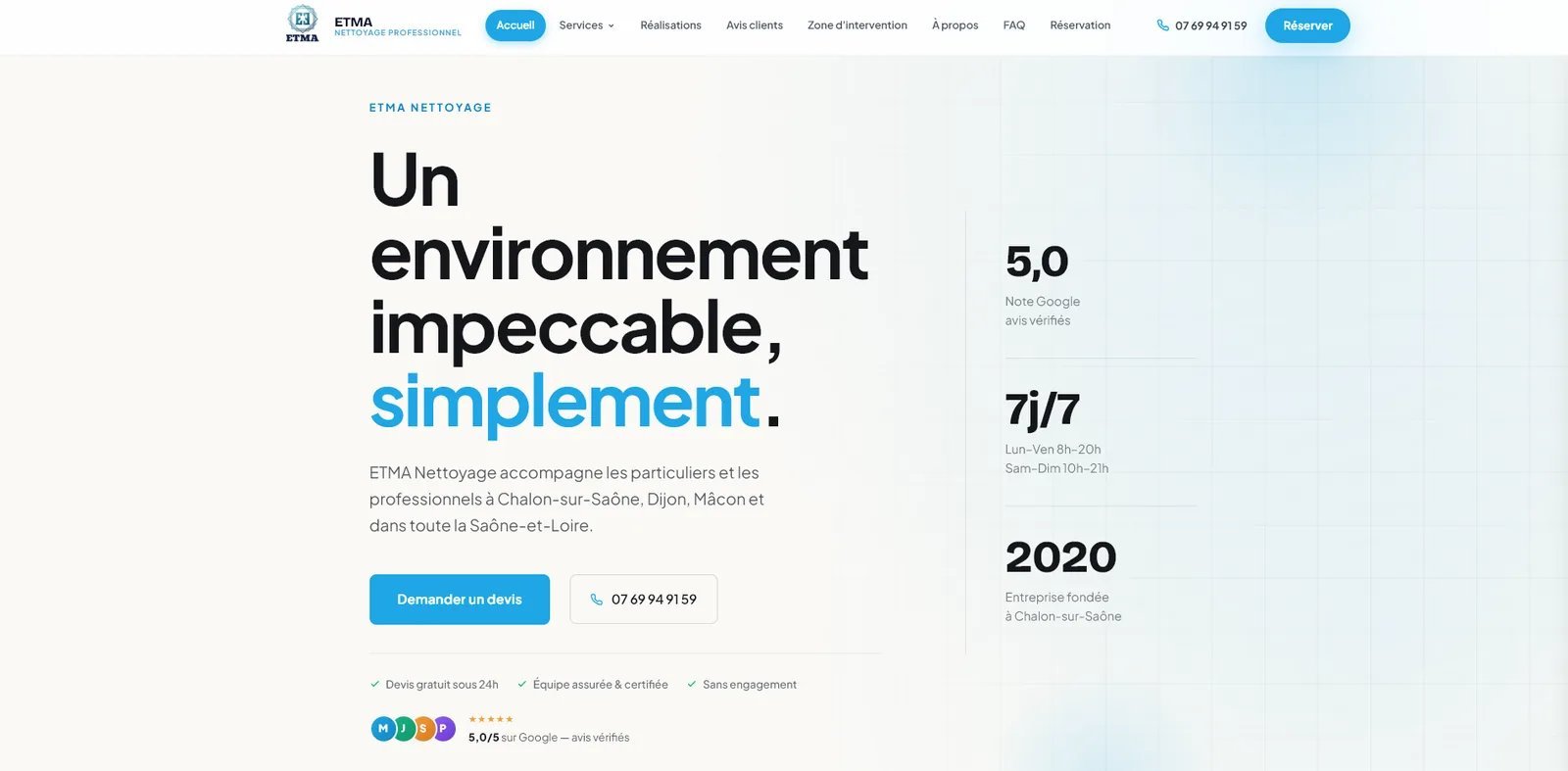 Aperçu du site ETMA Nettoyage, réalisé par Clarentis Lite