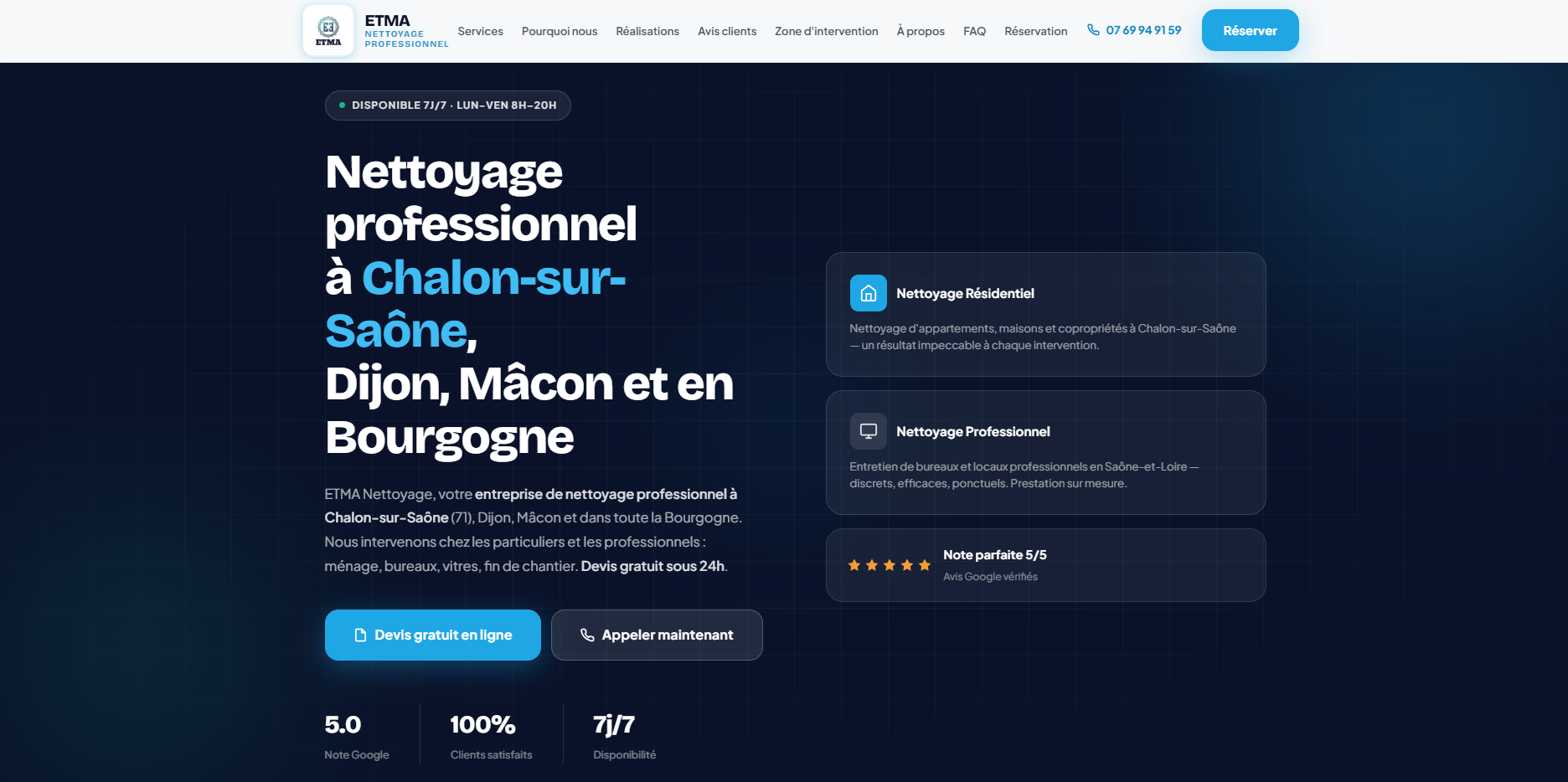 Page d’accueil du site ETMA Nettoyage, entreprise de nettoyage professionnel à Chalon-sur-Saône