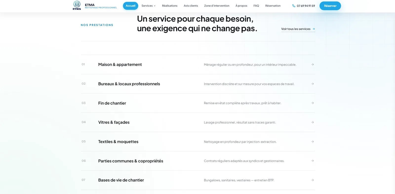 Section services du site ETMA Nettoyage