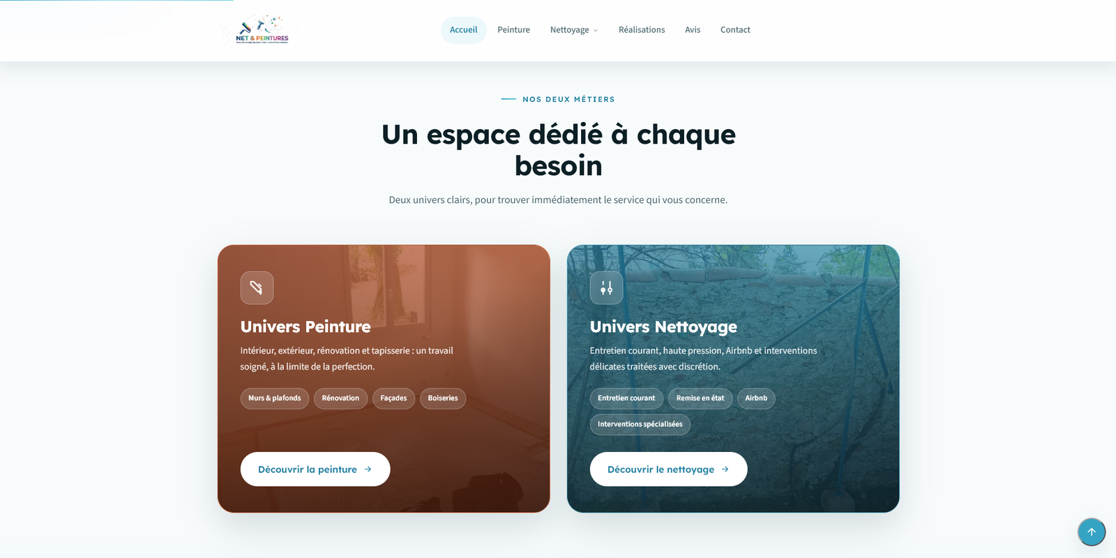 Section 'nos deux métiers' peinture et nettoyage du site Net & Peintures